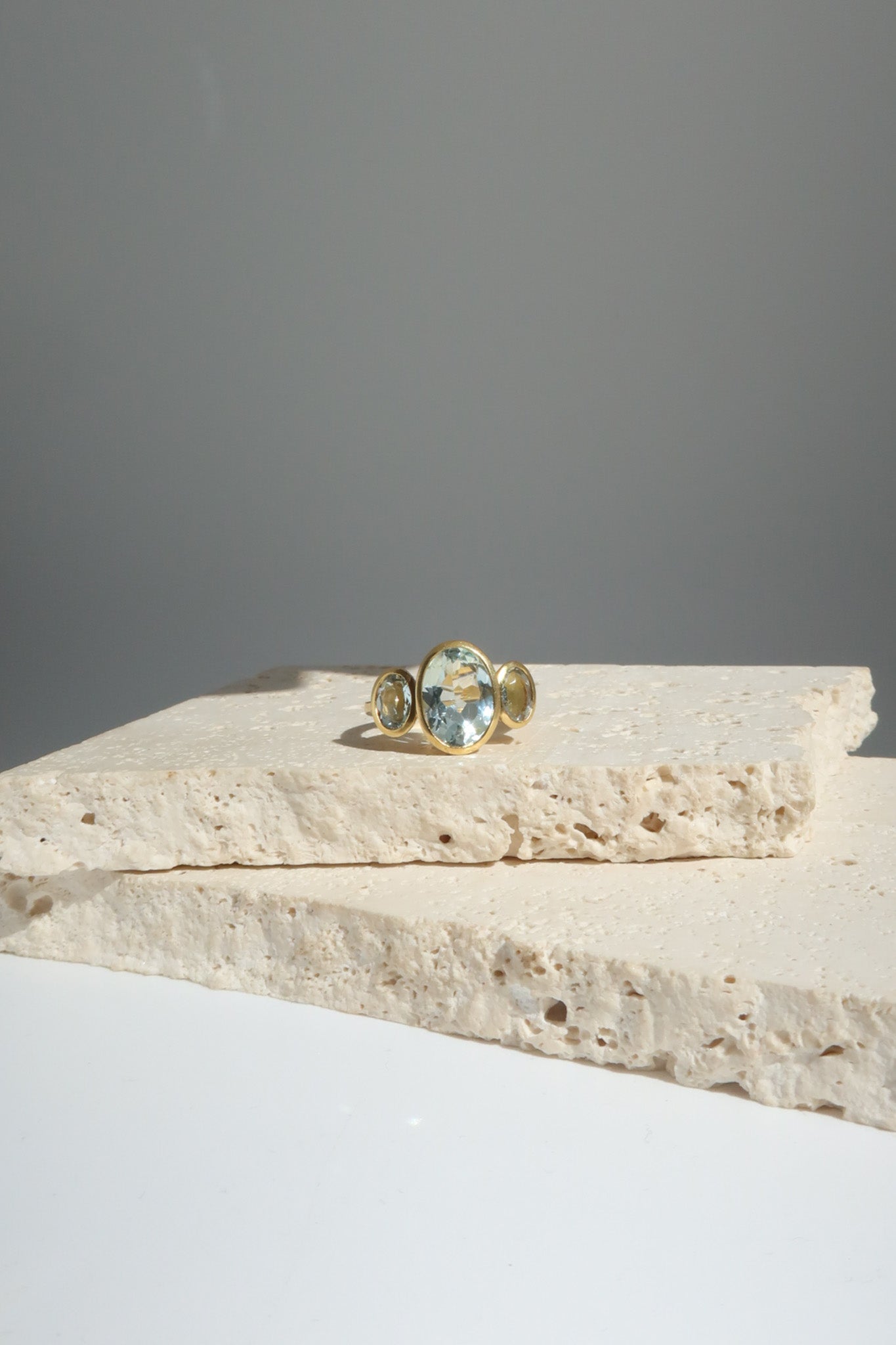 18ct Brushed Yellow Gold Aquamarine Trilogy Ring