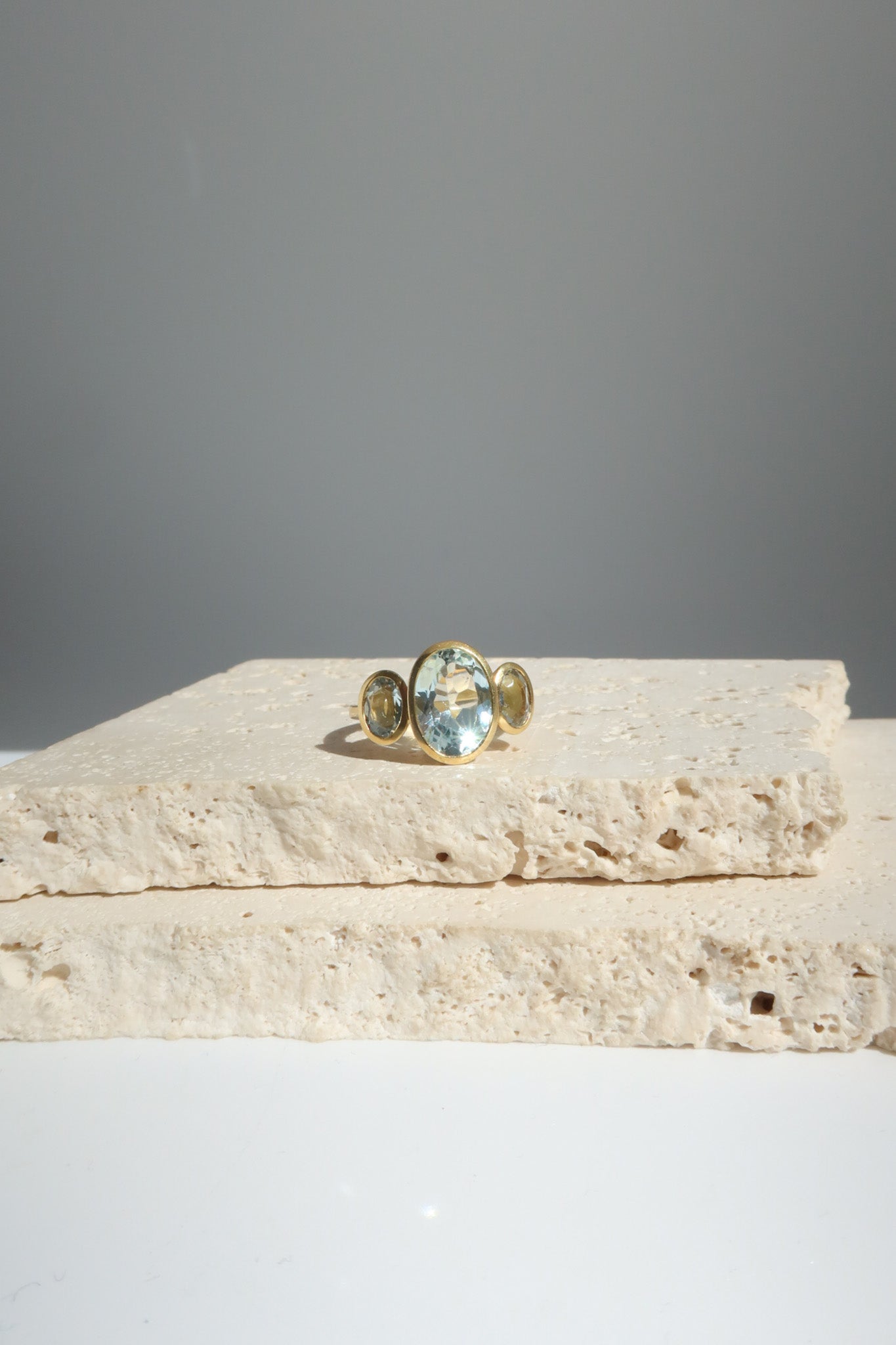 18ct Brushed Yellow Gold Aquamarine Trilogy Ring