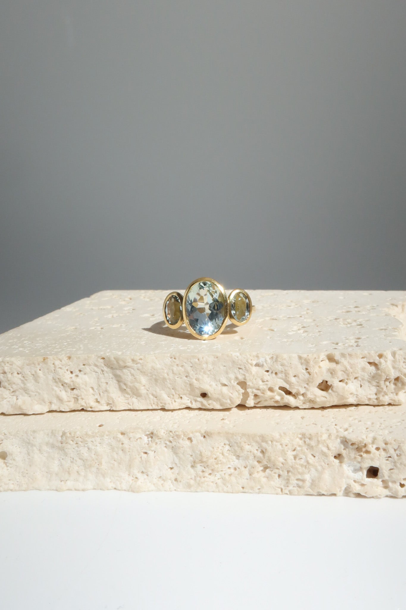 18ct Brushed Yellow Gold Aquamarine Trilogy Ring