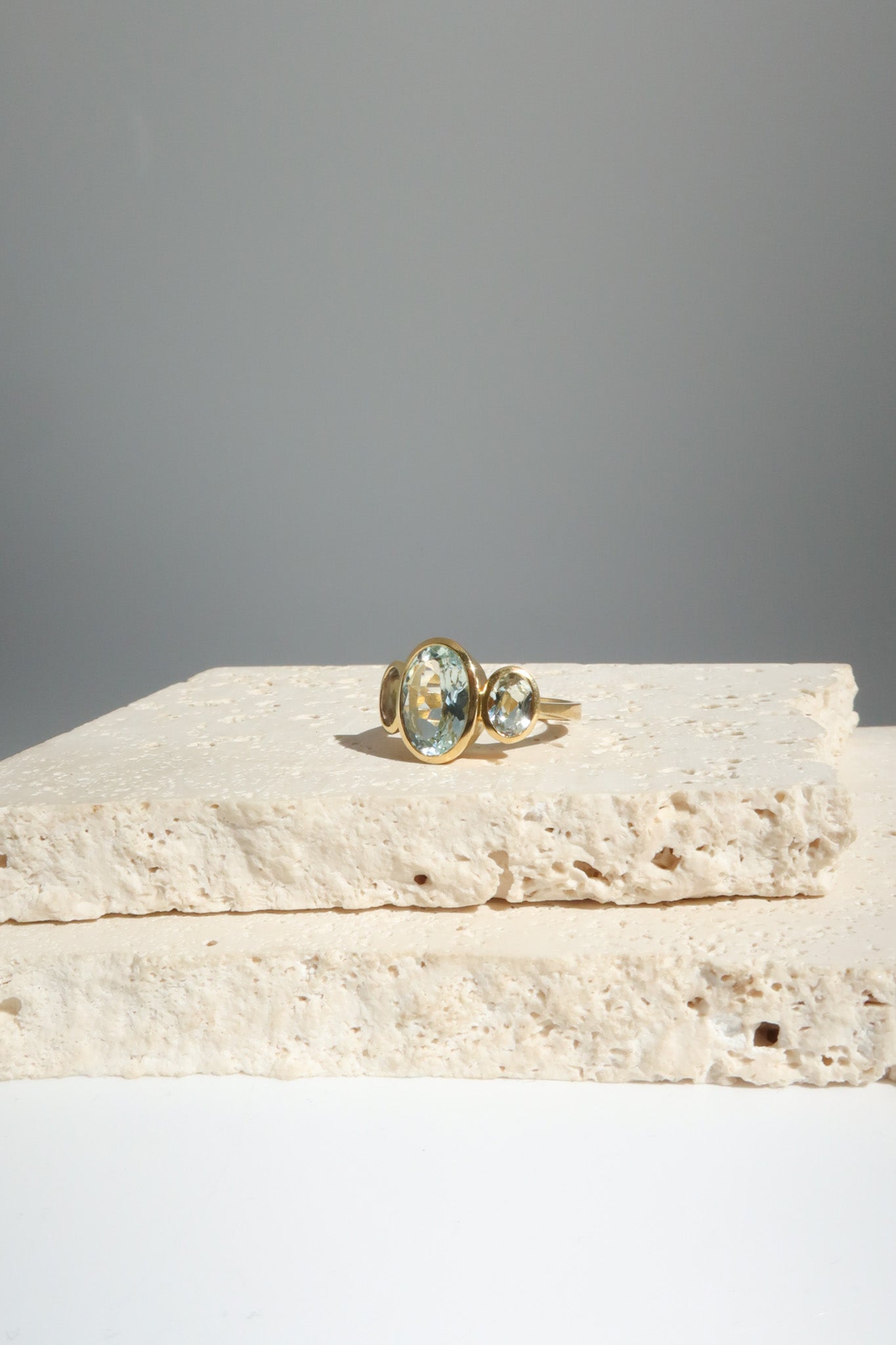 18ct Brushed Yellow Gold Aquamarine Trilogy Ring