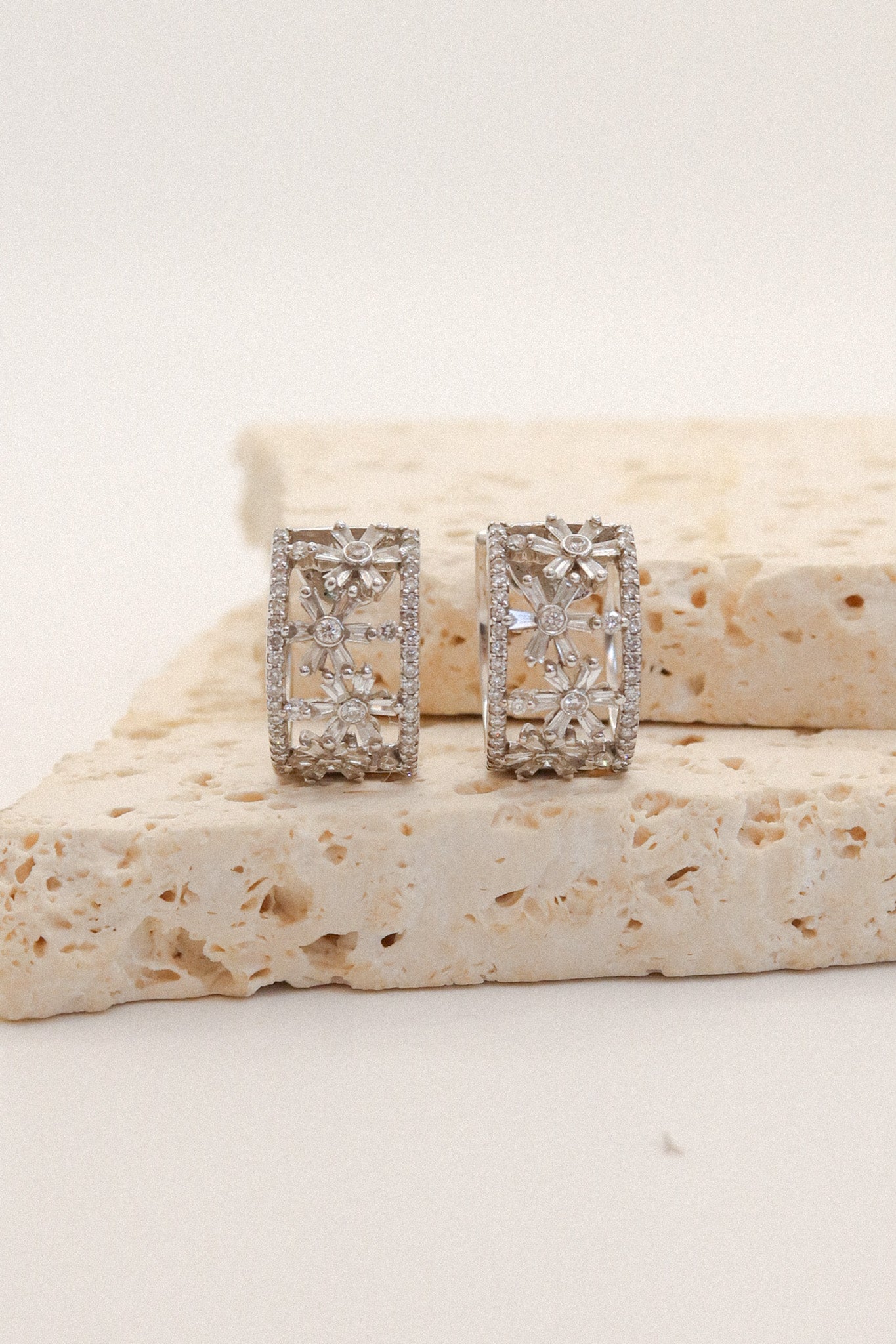 18ct White Gold Diamond Floral Huggie Earrings