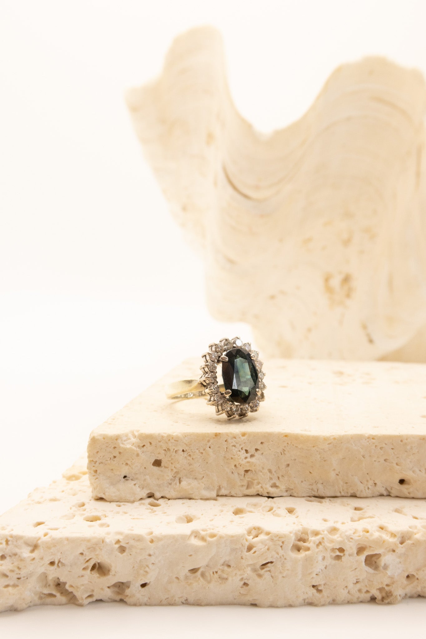 14ct Yellow Gold Teal Green Sapphire & Diamond Ring